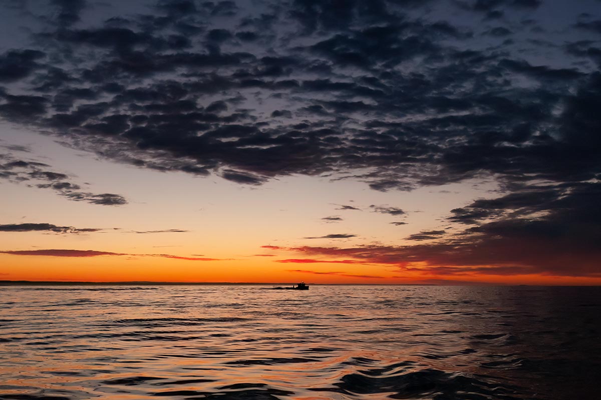 A lobster boat sails into the sunrise off Port Bickerton.