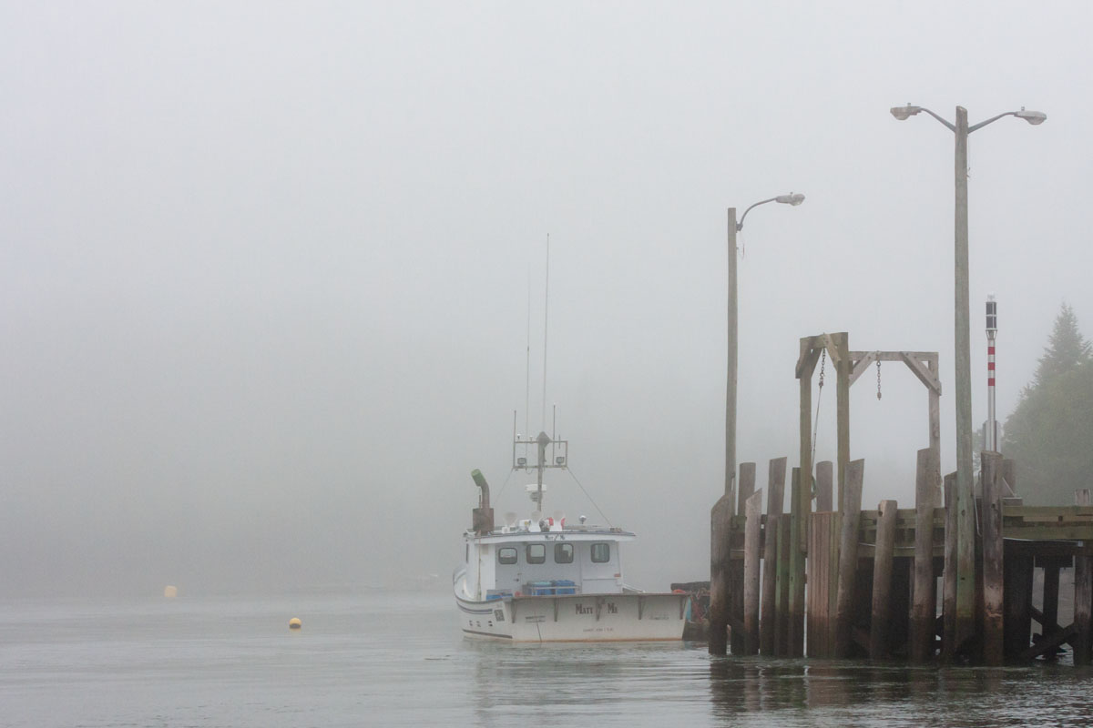 The wharf at Five Fathom Hole on a foggy spring morning